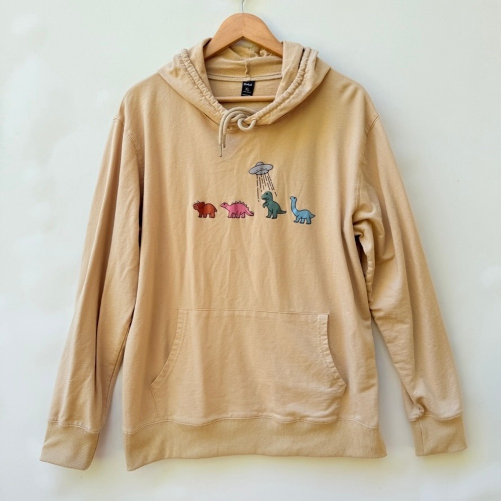 Romwe Womens XL Beige Whimsical Fun‎ UFO Abduction Dinosaurs Pullover Hoodie